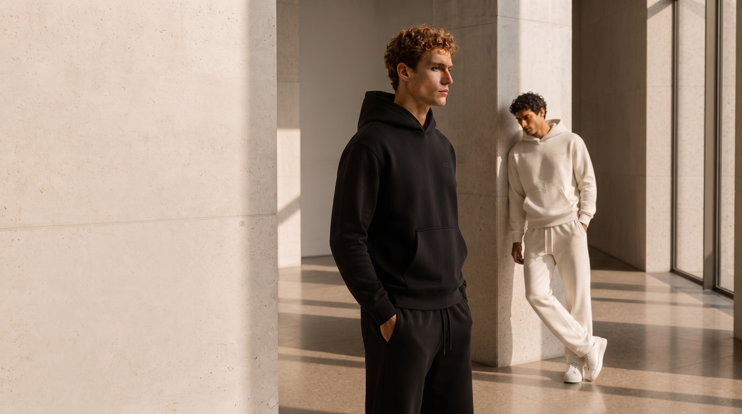 Two men modeling matching lounge sets in a modern architectural corridor with concrete pillars and warm natural light. One man wears a black hoodie and black joggers, while the other wears a cream/off-white hoodie and jogger pants.